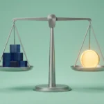 3D render of a balanced scale comparing blocks and a gold coin representing tax deductions and credits.