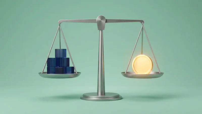 3D render of a balanced scale comparing blocks and a gold coin representing tax deductions and credits.