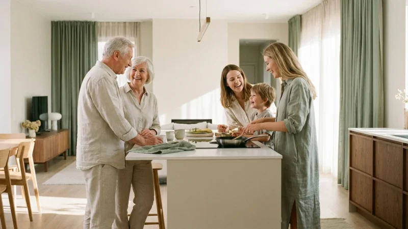 An older couple smiling at their daughter and grandson in a bright, modern home, representing family wealth transfer.
