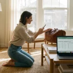A woman photographing a vintage bag for sale online in a bright, modern home office setting.