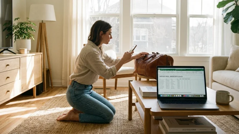 A woman photographing a vintage bag for sale online in a bright, modern home office setting.