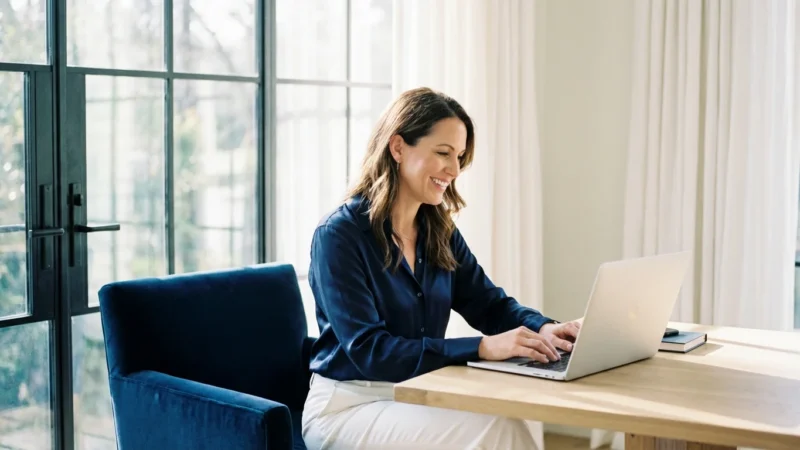 A professional woman smiling confidently while working on her laptop in a bright, modern home office.