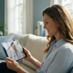 A woman having a comfortable telemedicine consultation on her tablet at home in a bright living room.