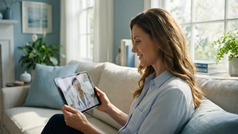 A woman having a comfortable telemedicine consultation on her tablet at home in a bright living room.