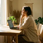 A person pausing thoughtfully in front of a laptop in a bright, modern home office.