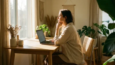 A person pausing thoughtfully in front of a laptop in a bright, modern home office.