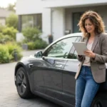 A woman confidently reviewing car details on a tablet next to a new car in a sunny driveway.