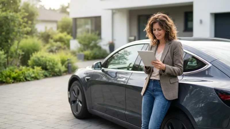A woman confidently reviewing car details on a tablet next to a new car in a sunny driveway.