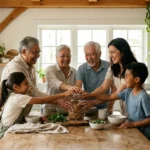 A happy family gathers around a savings jar in a bright, modern kitchen.