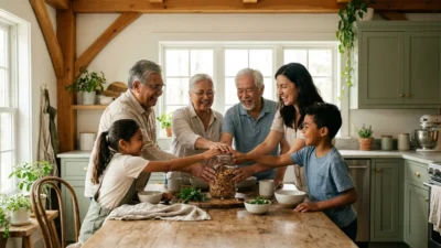 A happy family gathers around a savings jar in a bright, modern kitchen.