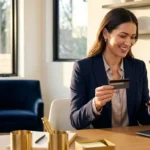 A person using a credit card and smartphone in a bright, modern office setting.