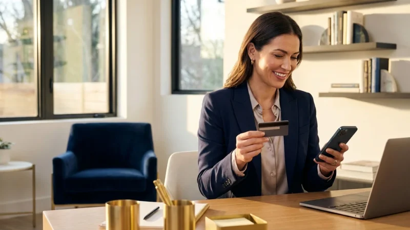 A person using a credit card and smartphone in a bright, modern office setting.
