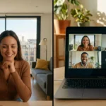 A young woman sitting on the floor of her new sunny apartment with moving boxes, looking at a laptop.
