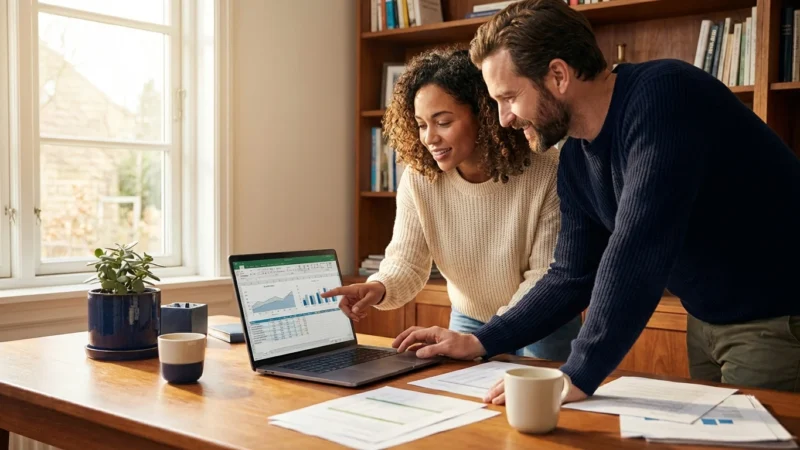A couple reviews financial documents together in a bright, modern home office.