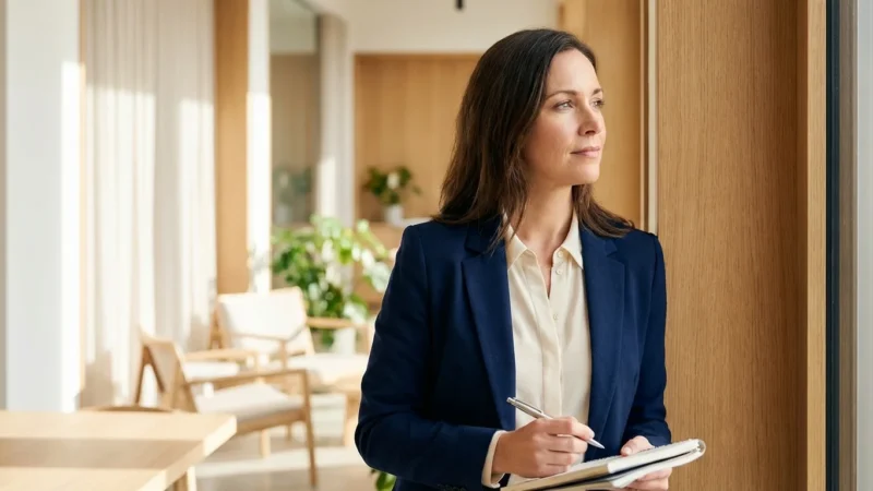 A professional looking thoughtfully out a bright office window, symbolizing career reflection.