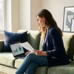 A person in a bright apartment thoughtfully comparing financial options on a laptop and paper.