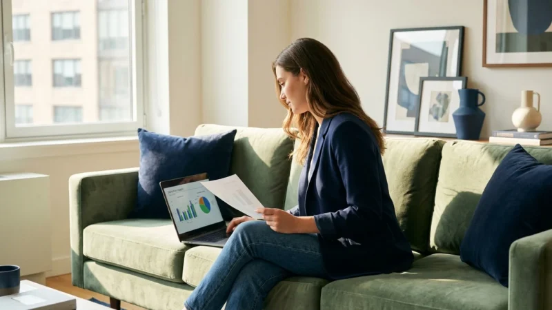 A person in a bright apartment thoughtfully comparing financial options on a laptop and paper.