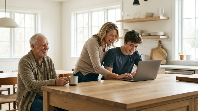 A middle-aged woman balancing time between her teenage son and elderly father in a sunlit kitchen.