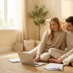 A couple planning their baby budget on a laptop in a sunlit, modern nursery.