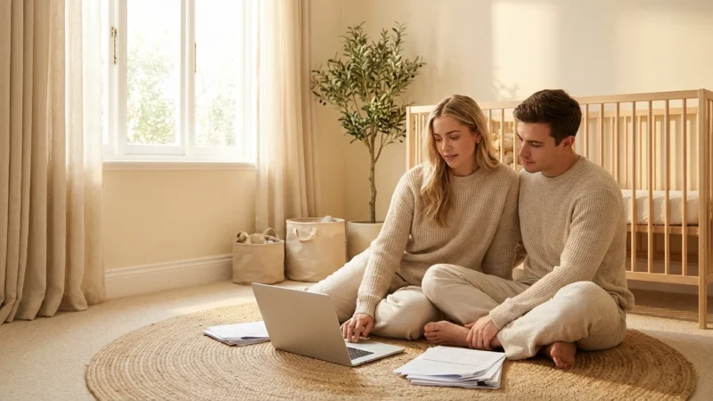 A couple planning their baby budget on a laptop in a sunlit, modern nursery.