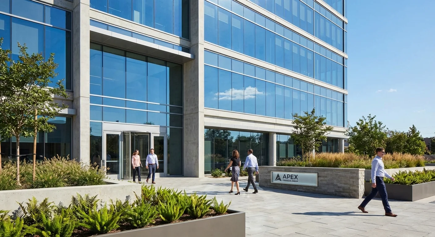 The modern glass facade of a professional bank building under a clear blue sky.