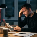 A man looking stressed in a dark room with red light from a financial screen reflecting on his face.