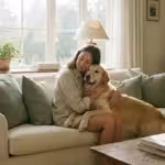 A woman hugging her dog in a sunlit, modern living room, representing the bond of pet ownership.