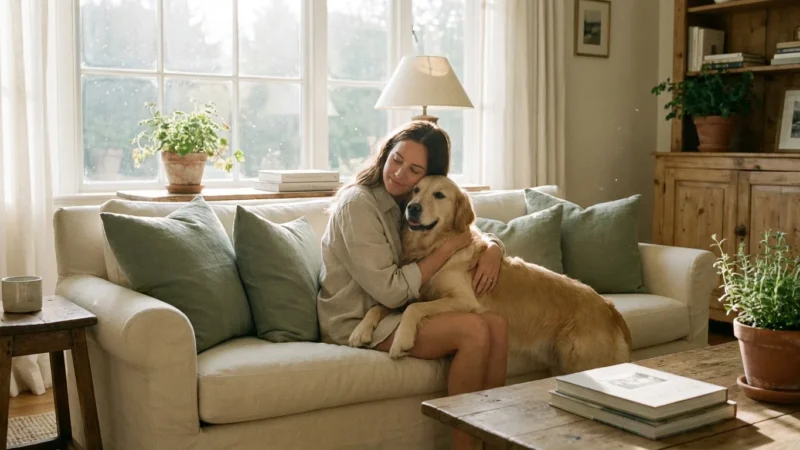 A woman hugging her dog in a sunlit, modern living room, representing the bond of pet ownership.