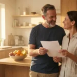 A middle-aged couple smiling with relief in a sunlit kitchen while holding insurance documents.
