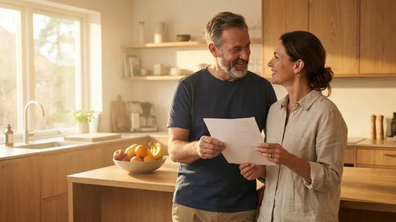 A middle-aged couple smiling with relief in a sunlit kitchen while holding insurance documents.