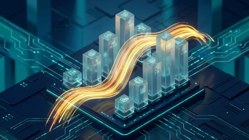 A golden light trail zipping through minimalist glass structures in an isometric 3D space.
