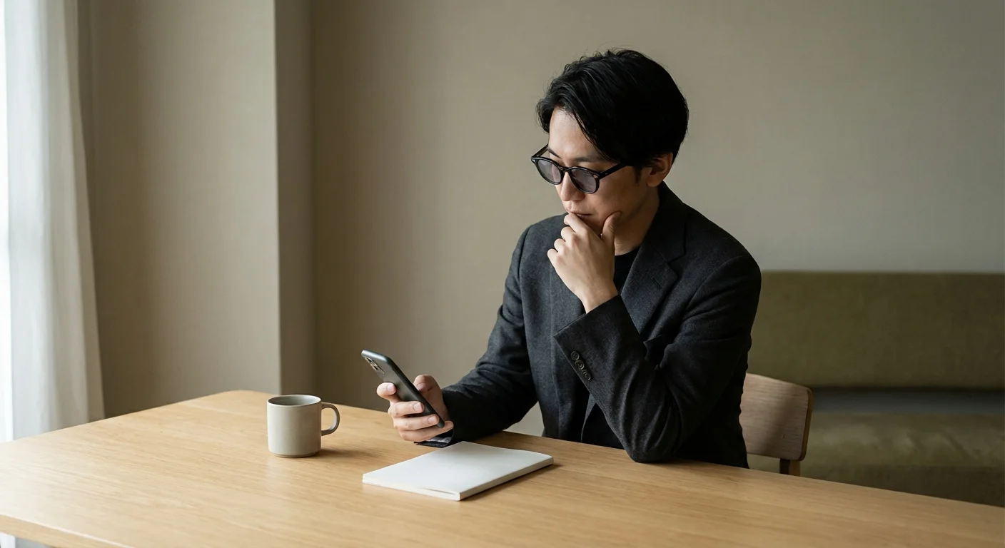 A professional looks thoughtfully at their phone in a quiet room, reflecting on their networking choices.
