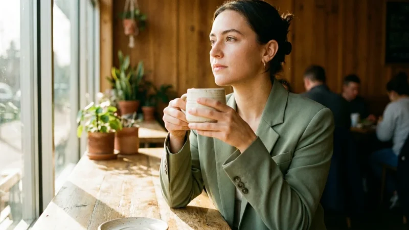Woman in a green blazer holding a ceramic mug and looking out a sunlit cafe window.