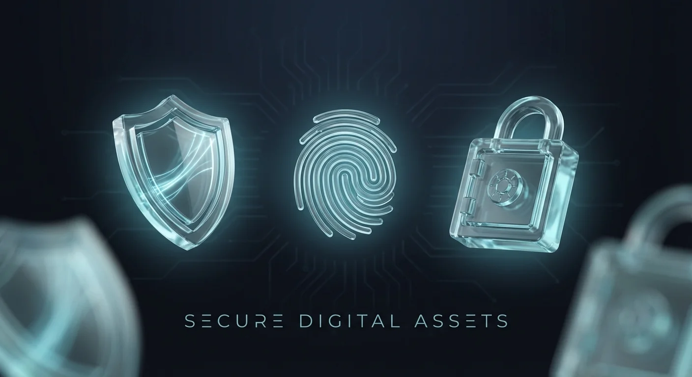 Three glowing 3D icons representing security, biometrics, and vaults.