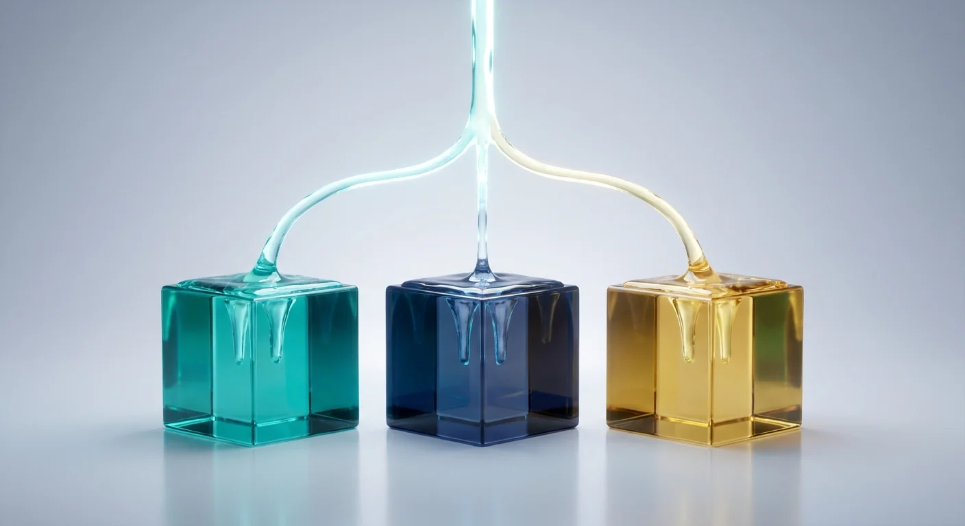 Three glowing cubes being filled by a single overhead stream of light.