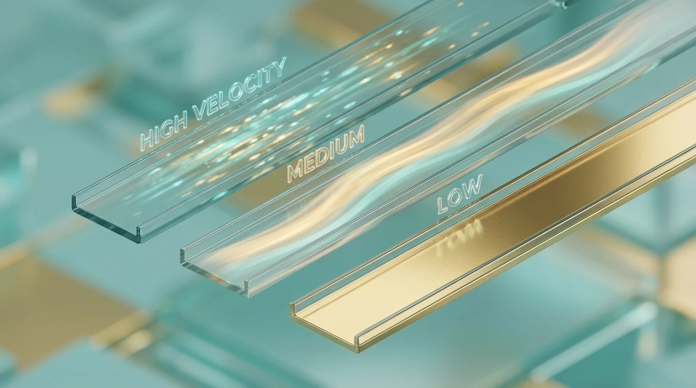 Three parallel tracks showing different speeds of light and solid gold blocks.