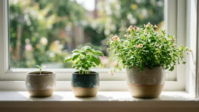 Three ceramic pots with a sprout, basil, and flowers sitting on a sunny windowsill.