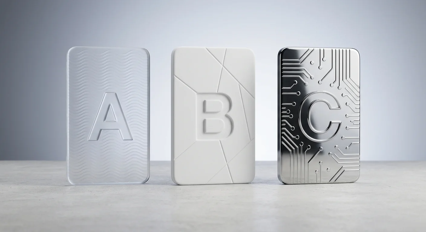 Three unique 3D digital cards displayed in a row with different textures and finishes.