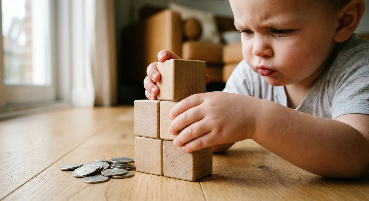 Close-up of a toddler concentrating on stacking blocks and coins on a wooden floor.