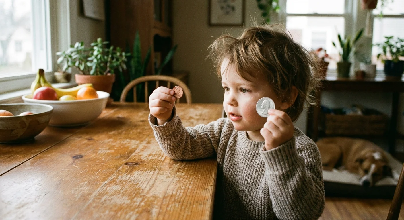 A curious toddler comparing two different coins in their hands at a kitchen table.