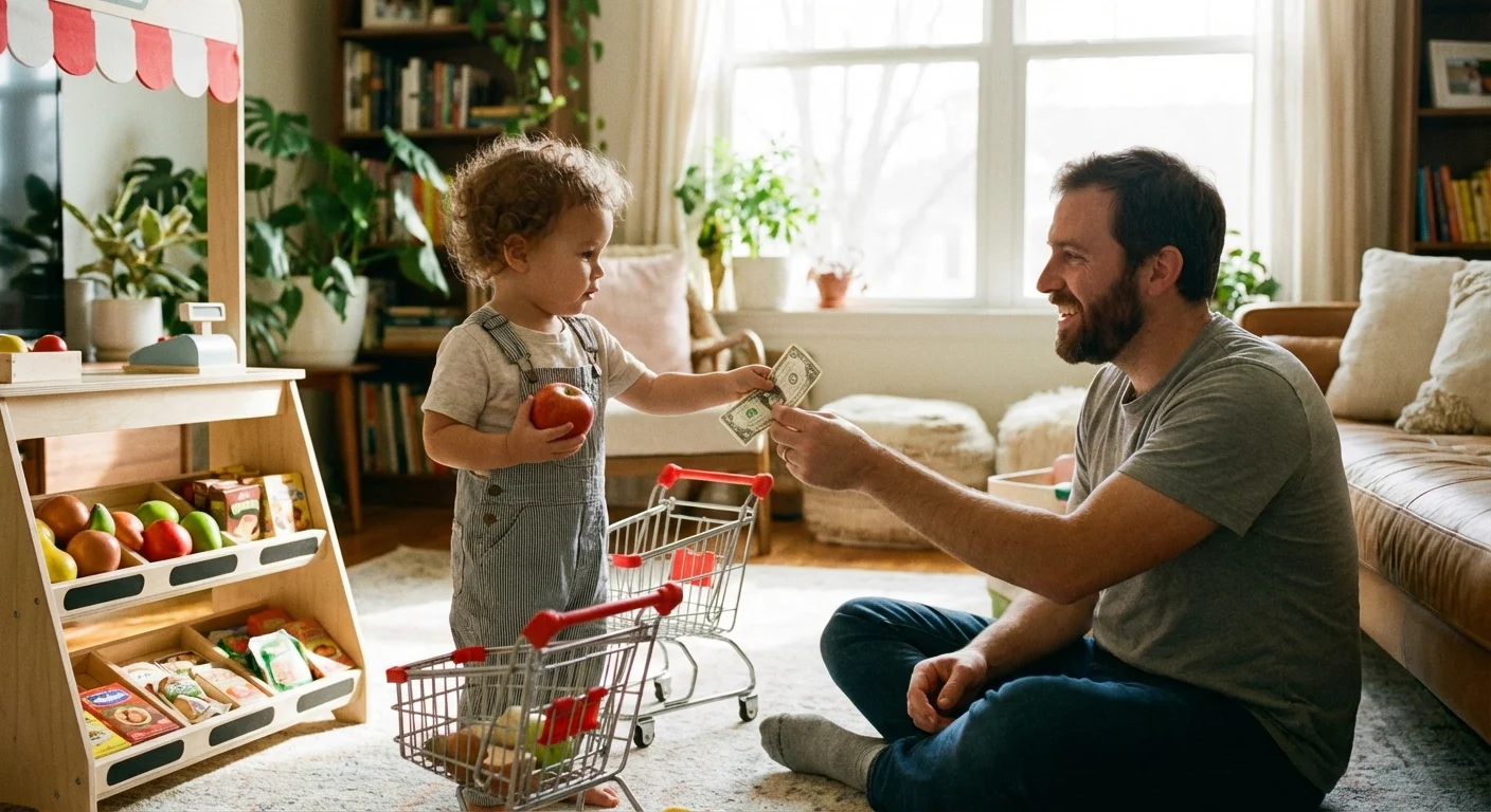 A toddler 'buying' an apple from their father in a pretend living room grocery store.