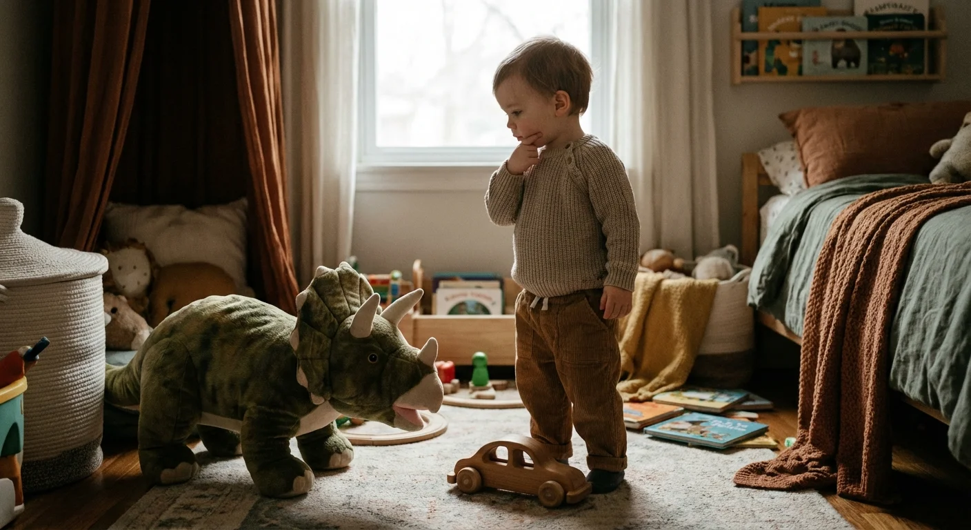 A toddler looking thoughtful and indecisive while choosing between two toys.