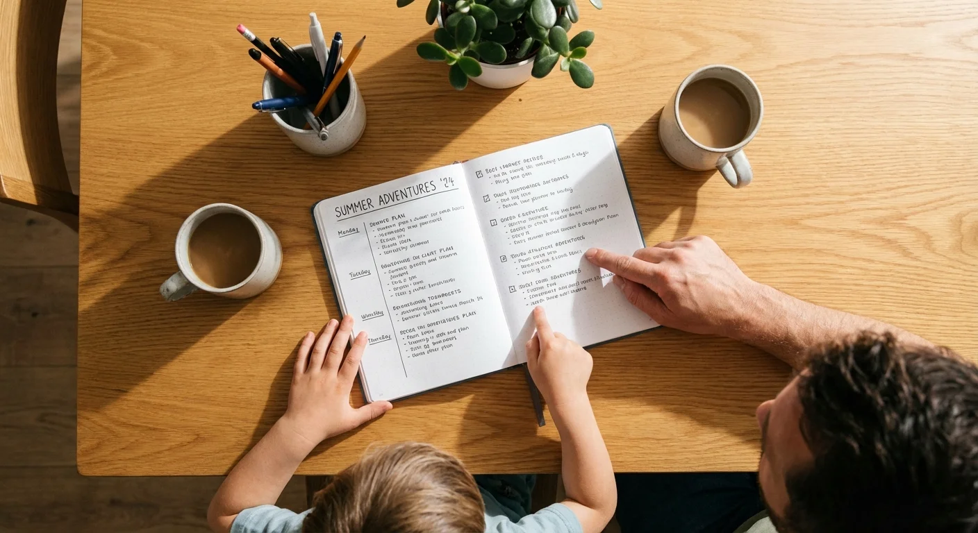 Top-down view of a family signing a household financial agreement on a wooden table.
