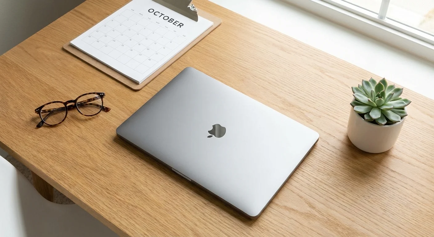 Top-down view of a laptop and office accessories on a wooden desk.