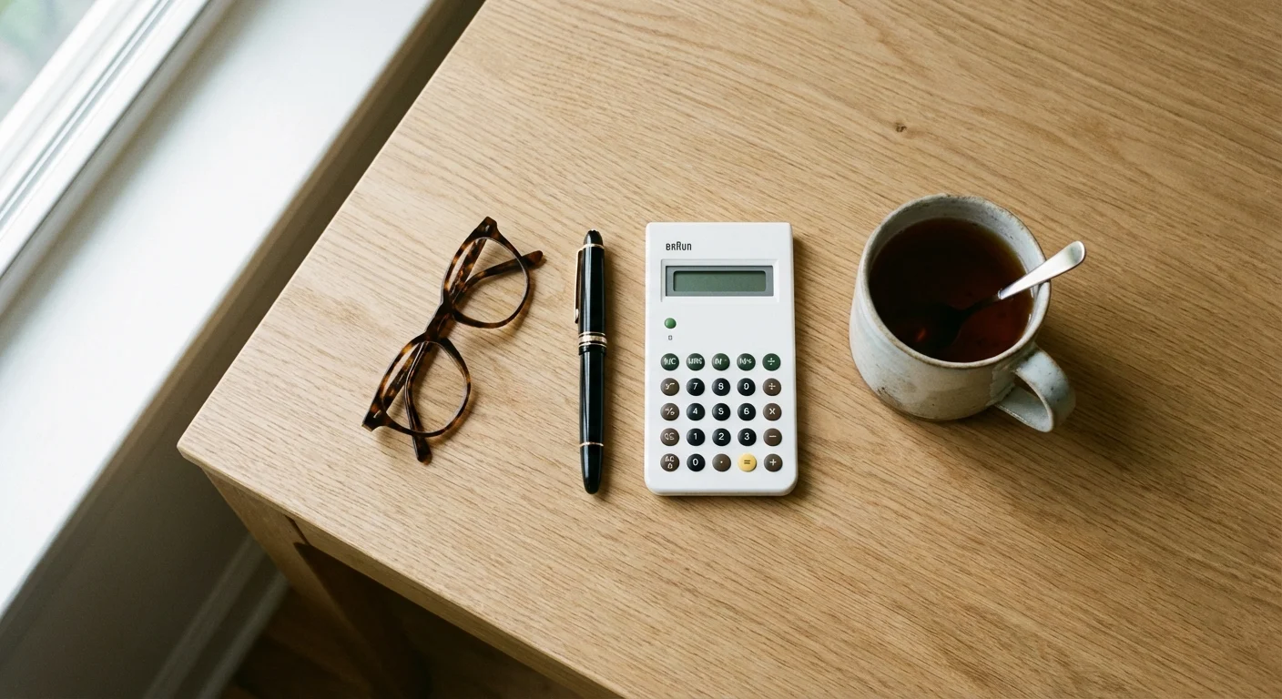 Top-down view of an organized desk with a calculator, pen, and tea.