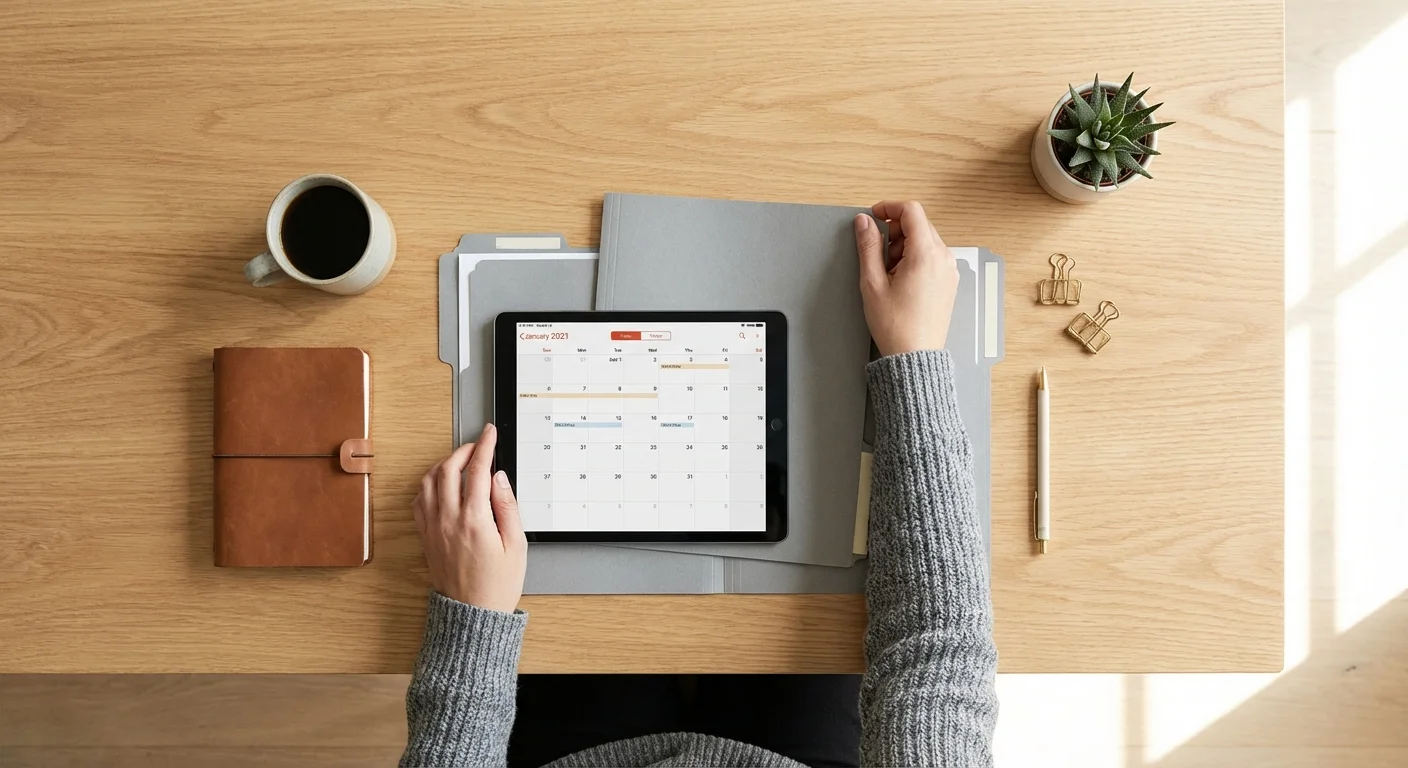 Top-down view of organized folders and a tablet on a wooden desk.