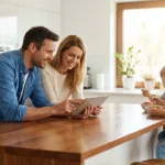 A family of four in a bright kitchen looking at a tablet together, representing financial planning and rewards strategy.