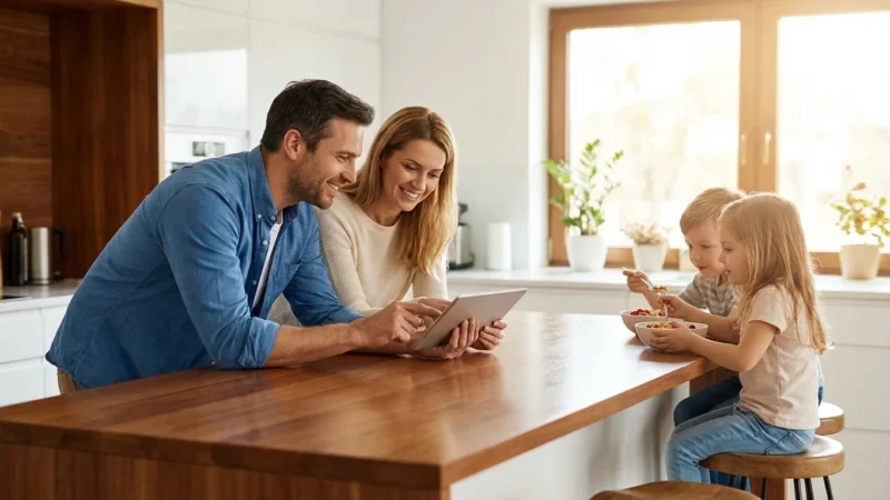 A family of four in a bright kitchen looking at a tablet together, representing financial planning and rewards strategy.