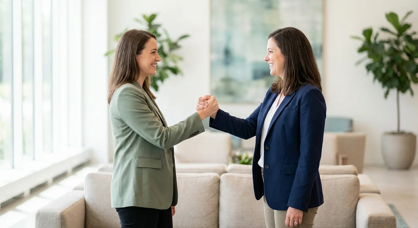 A close-up of a professional handshake in a bright, modern office, symbolizing expert support.