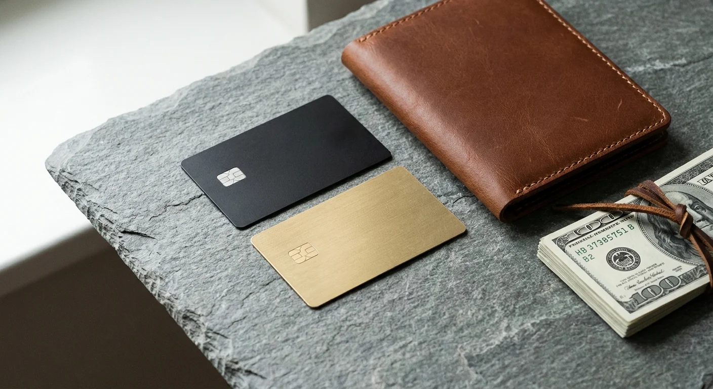 Two credit cards, a passport holder, and cash arranged on a stone surface, representing a hybrid rewards strategy.